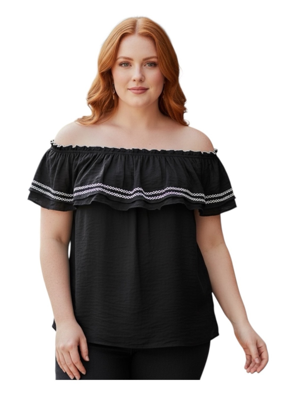 ODDY Plus Size 2XL Black Off-Shoulder Ruffle Blouse with White Trim